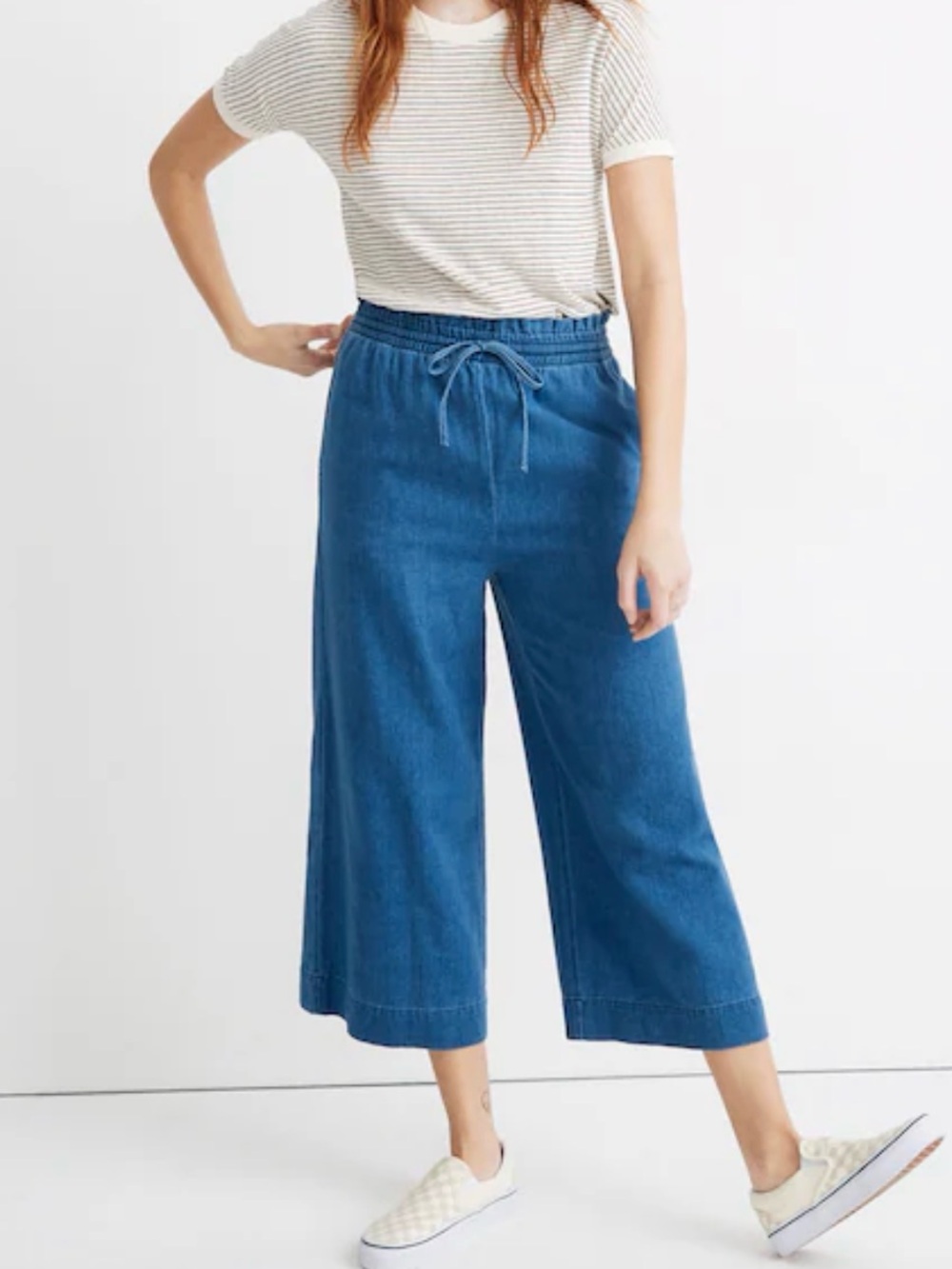 Madewell Indigo Smocked Huston Pull-On Crop Pants Size XS Chambray Wide Leg